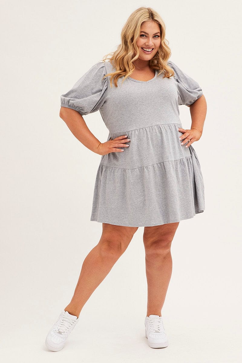 Grey Tiered Dress Puff Sleeve Round Neck - Image 2