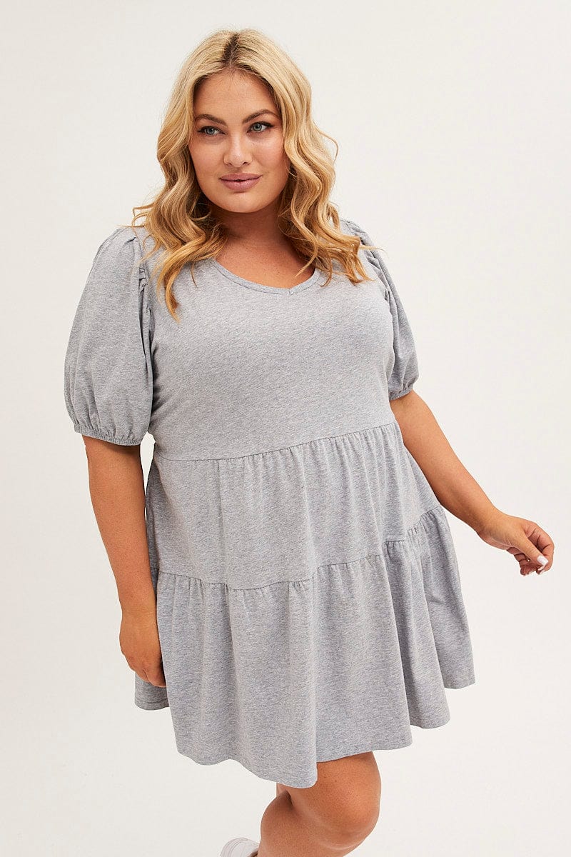 Grey Tiered Dress Puff Sleeve Round Neck - Image 3