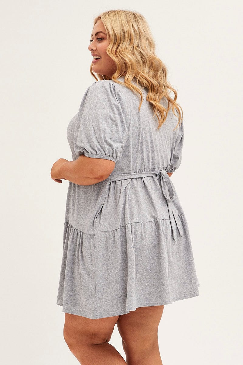 Grey Tiered Dress Puff Sleeve Round Neck - Image 4