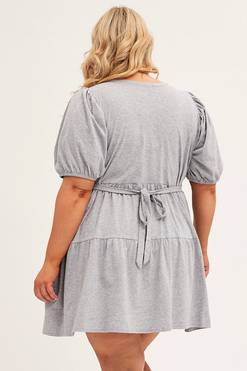 Grey Tiered Dress Puff Sleeve Round Neck - Image 5
