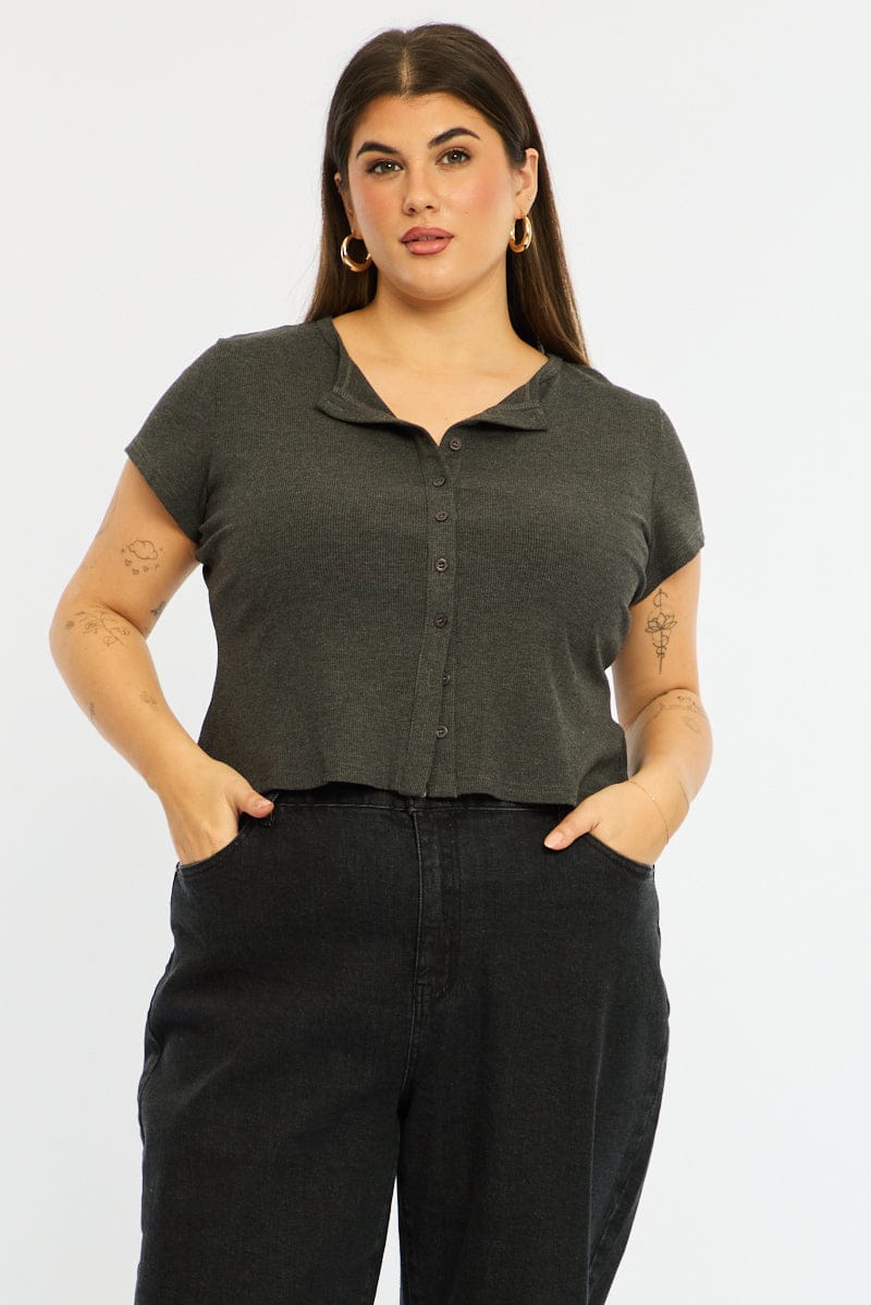 Grey Top Short Sleeve Button Front Rib - Image 3