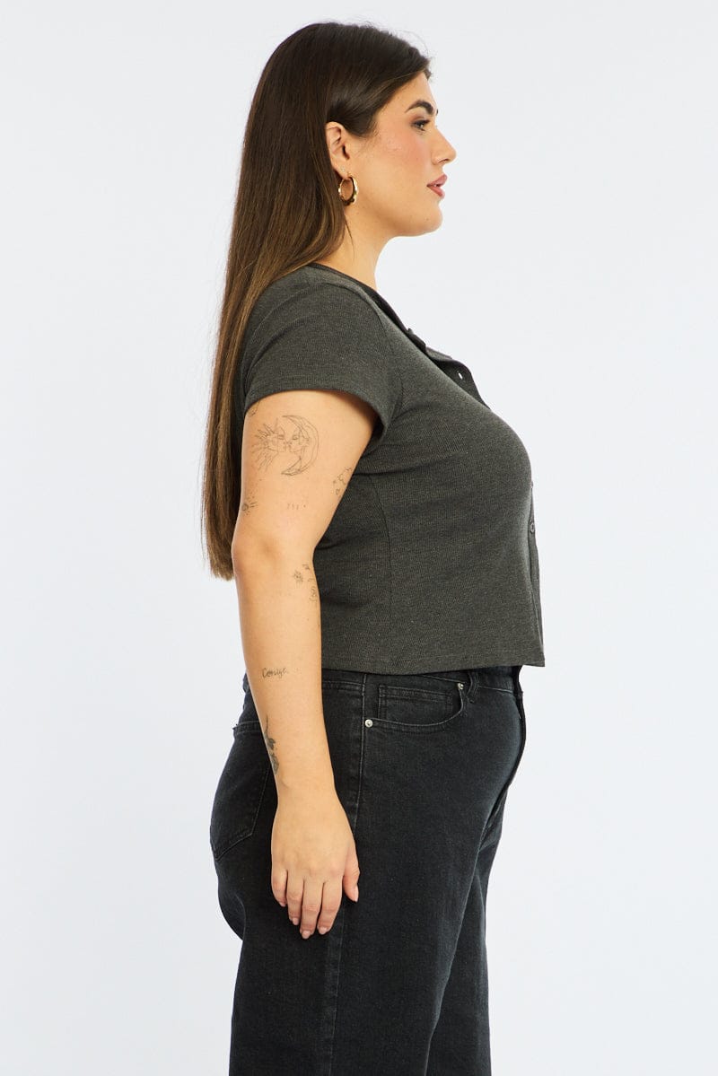 Grey Top Short Sleeve Button Front Rib - Image 4