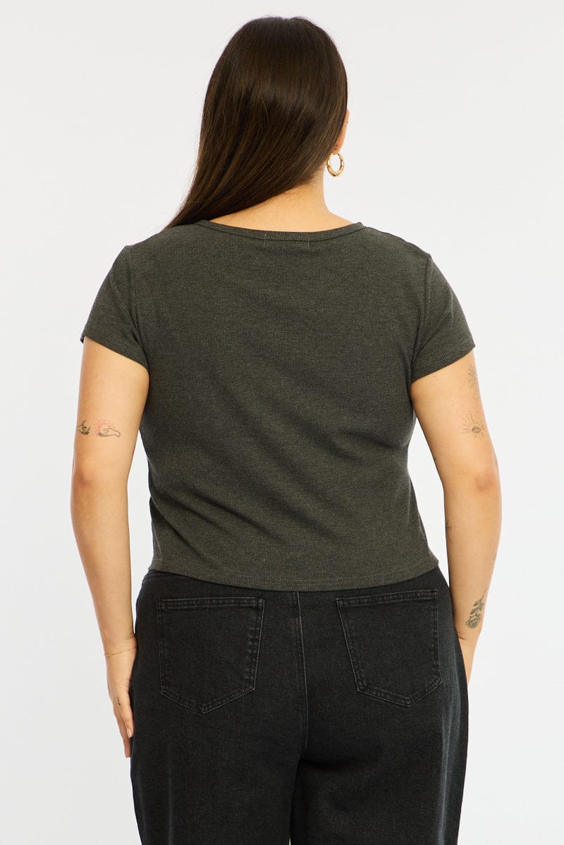 Grey Top Short Sleeve Button Front Rib - Image 5