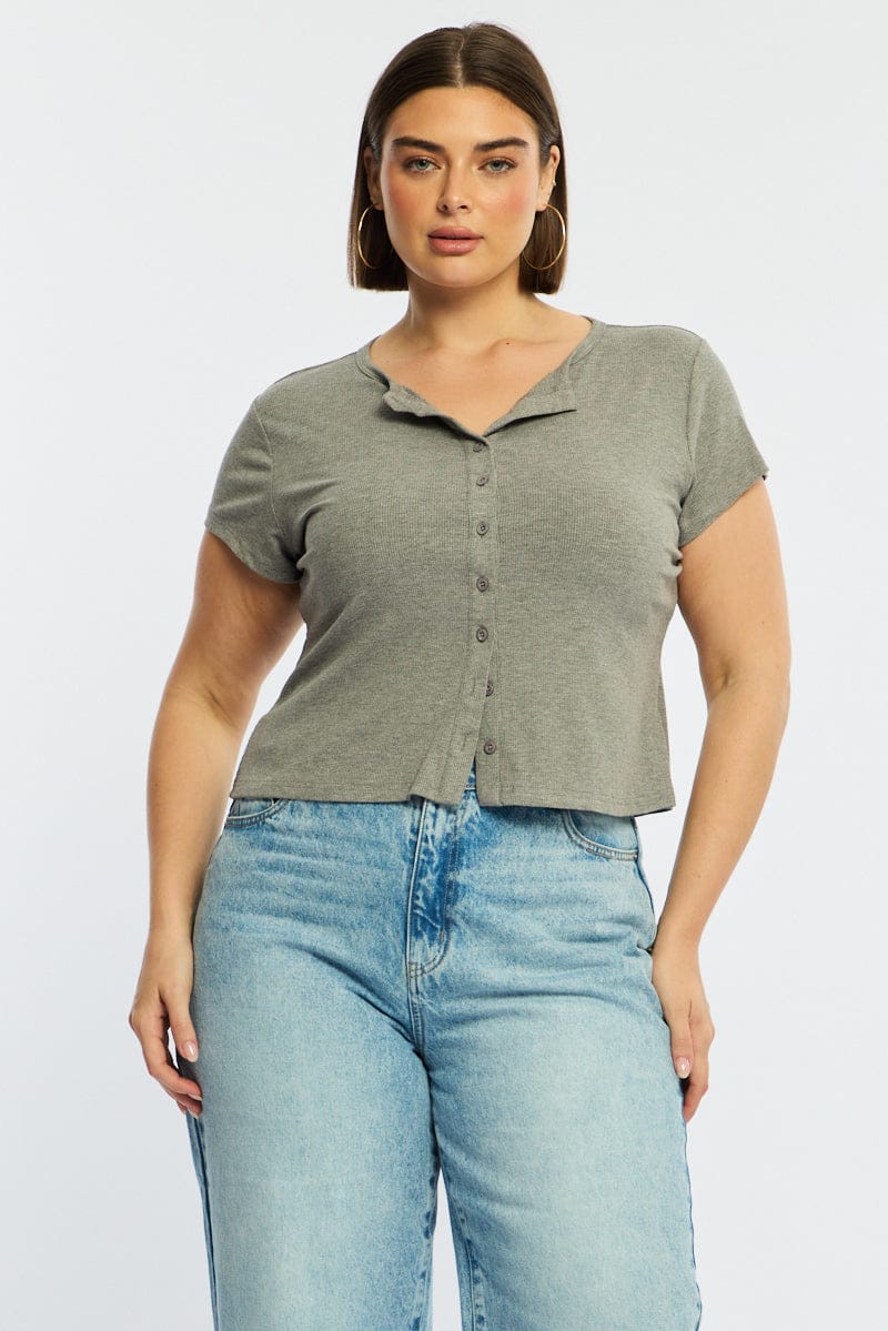 Grey Top Short Sleeve Button Front Rib - Image 3