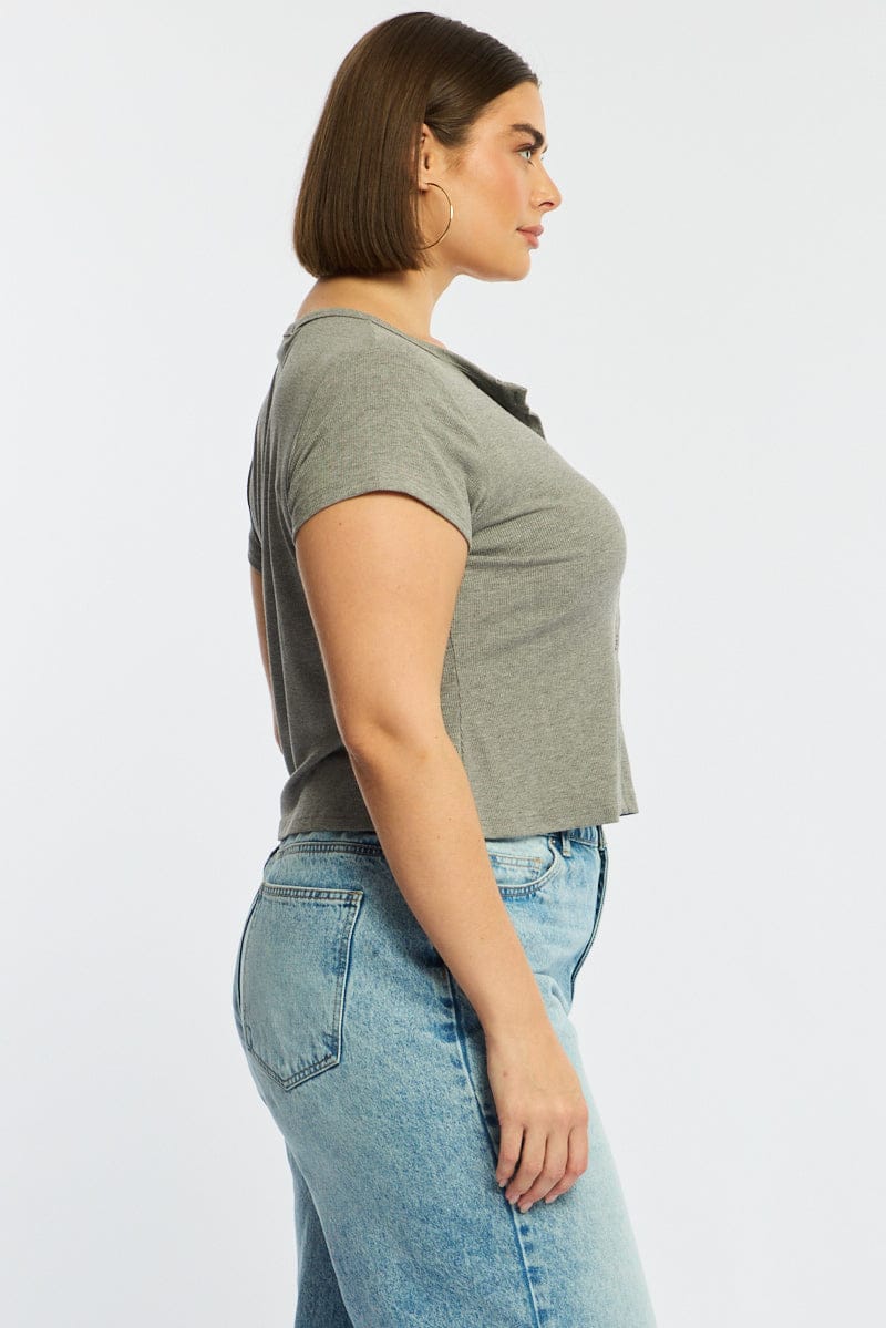 Grey Top Short Sleeve Button Front Rib - Image 4