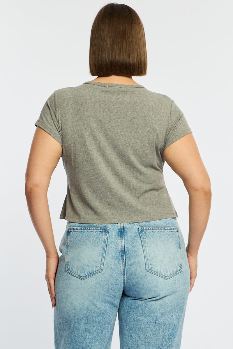 Grey Top Short Sleeve Button Front Rib - Image 5