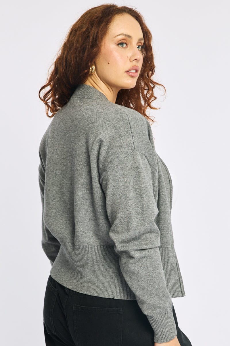 Grey Zip Front Knit Jumper Long Sleeve - Image 4