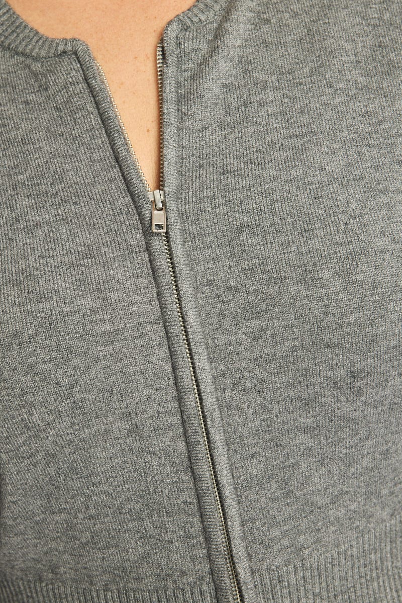 Grey Zip Front Knit Jumper Long Sleeve - Image 5