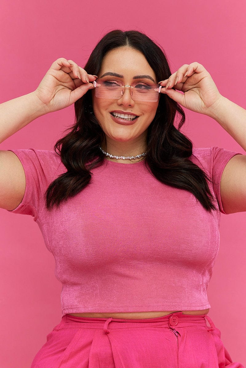 H Pink Crop T-shirt Crew Neck Short Sleeve Slinky Jersey