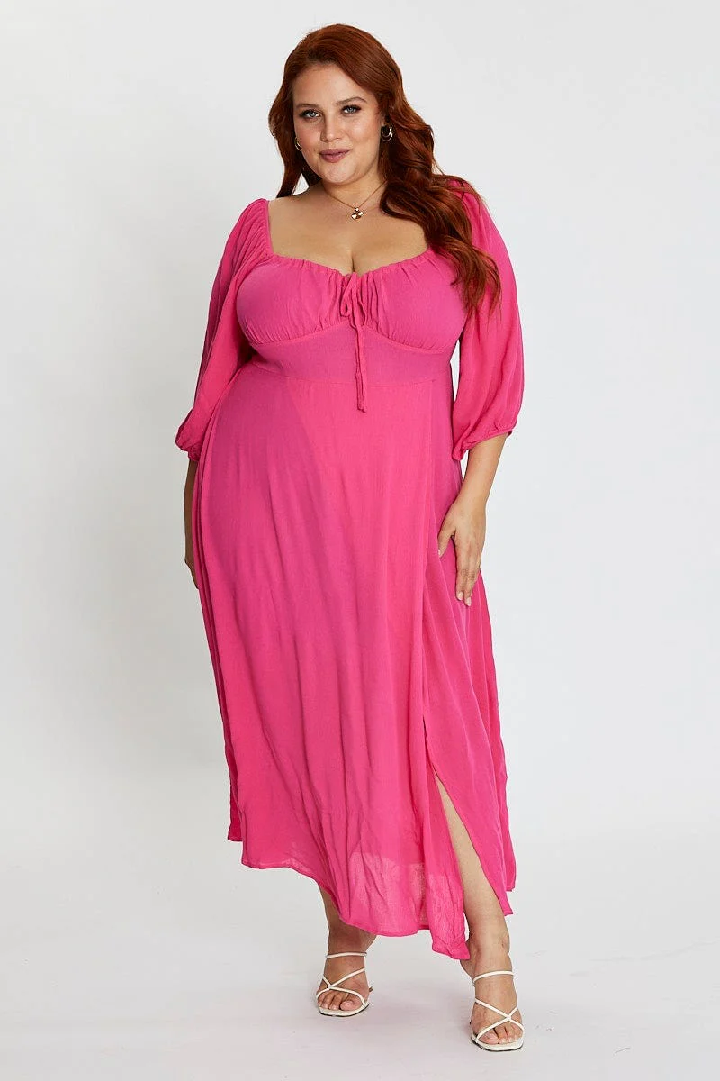 Hot Pink Maxi Dress Scoop Neck Short Sleeve Front Split - Image 3