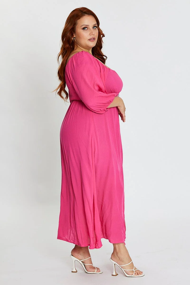 Hot Pink Maxi Dress Scoop Neck Short Sleeve Front Split - Image 4