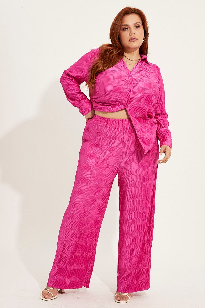 Hot Pink Plisse Shirt Long Sleeve - Image 2