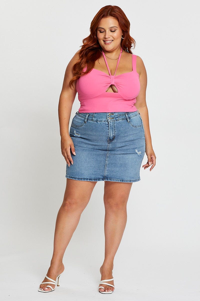 H Pink Tank Top Keyhole Halter Detail Sleeveless Cotton - Image 3