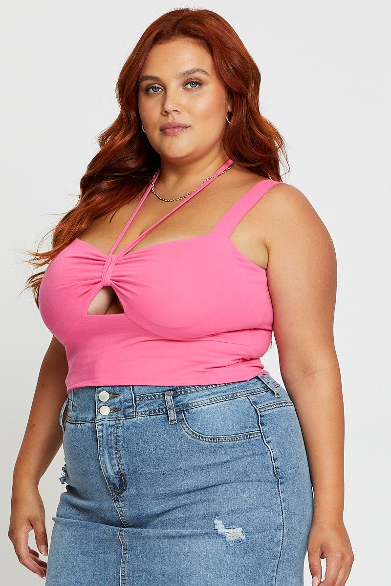 H Pink Tank Top Keyhole Halter Detail Sleeveless Cotton - Image 4