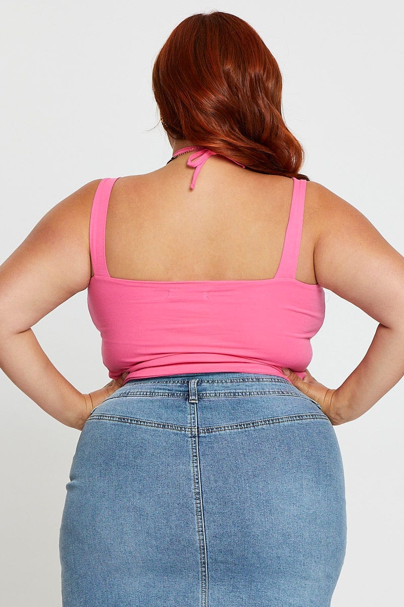 H Pink Tank Top Keyhole Halter Detail Sleeveless Cotton - Image 5