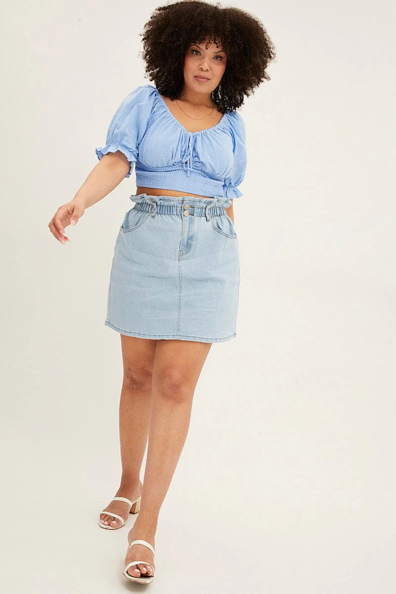 Light Blue Crop Top Short Sleeve Cut Out Cotton - Image 2