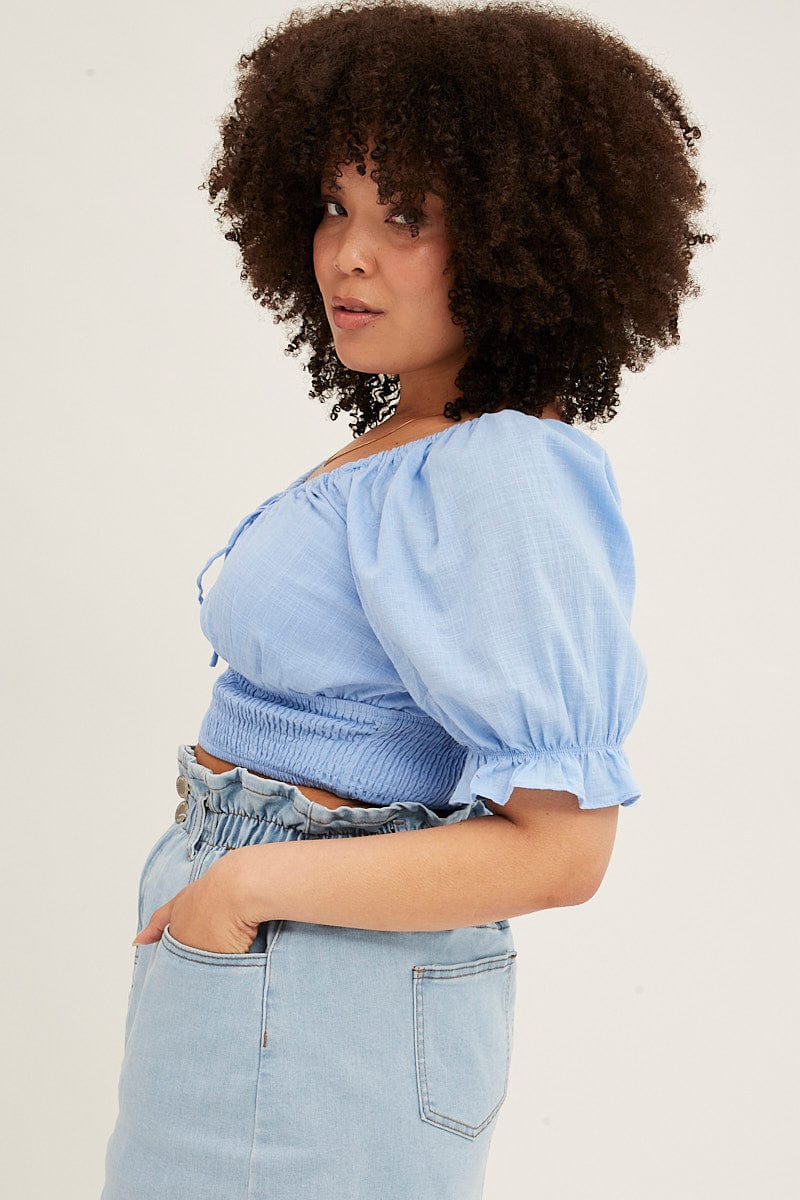 Light Blue Crop Top Short Sleeve Cut Out Cotton - Image 4