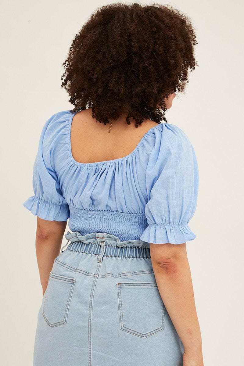 Light Blue Crop Top Short Sleeve Cut Out Cotton - Image 5