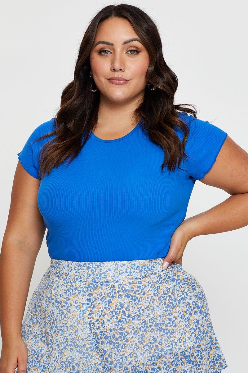 Mid Blue Cotton T-shirt Crew Neck Short Sleeve Rib