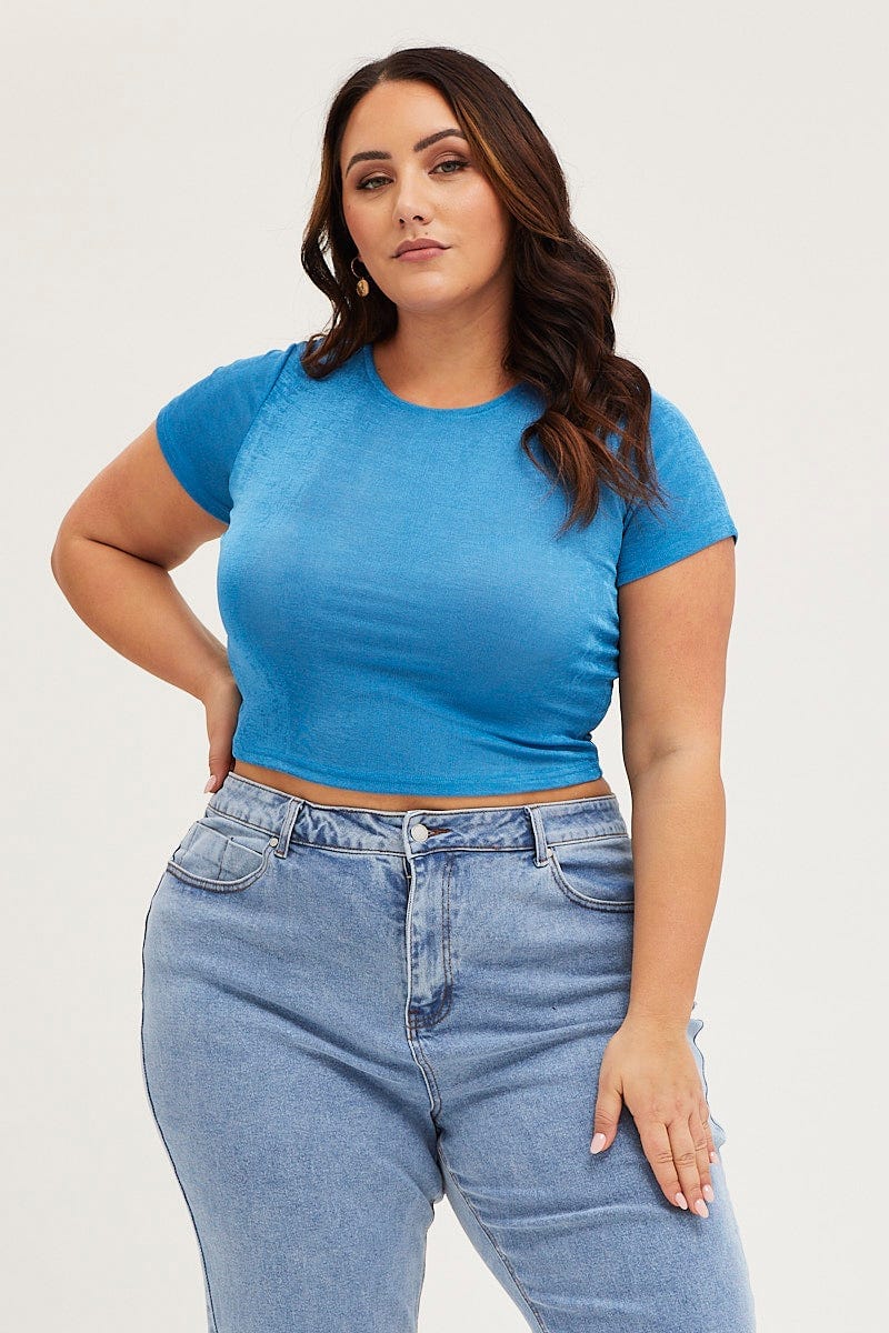 Mid Blue Crop T-shirt Crew Neck Short Sleeve Slinky Jersey - Image 3
