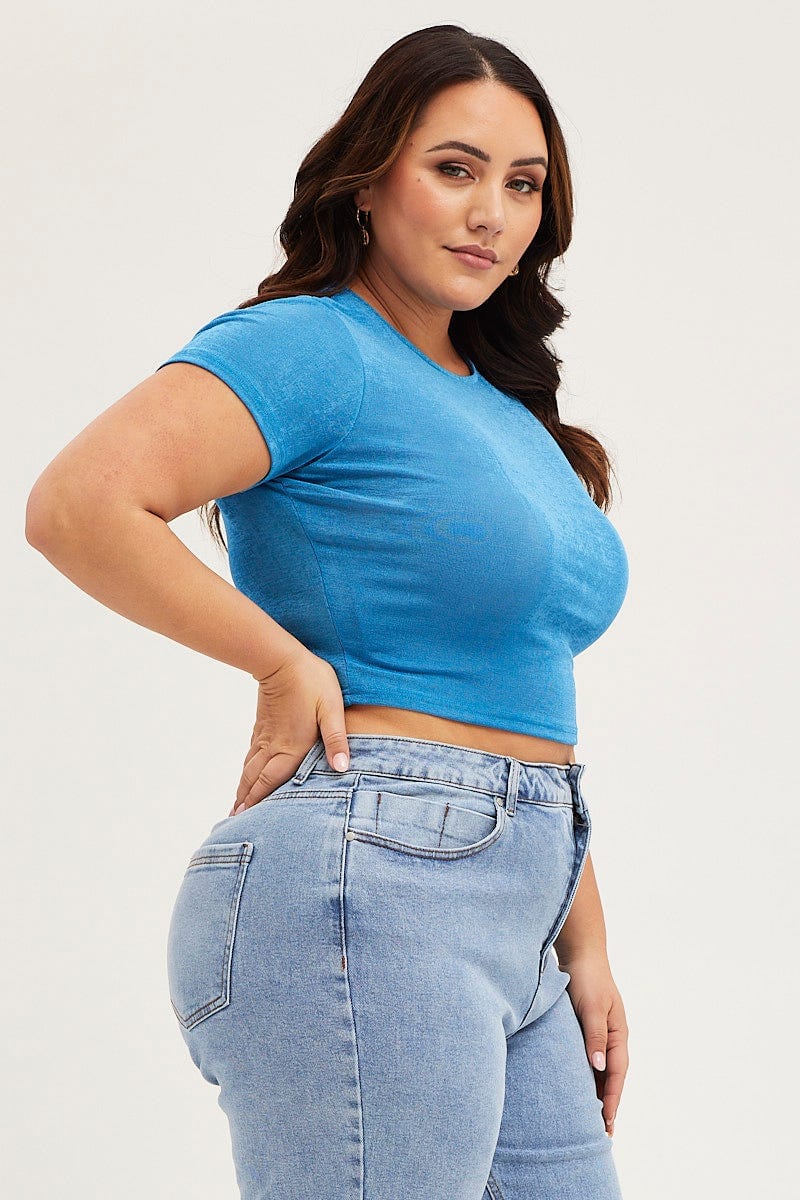 Mid Blue Crop T-shirt Crew Neck Short Sleeve Slinky Jersey - Image 4