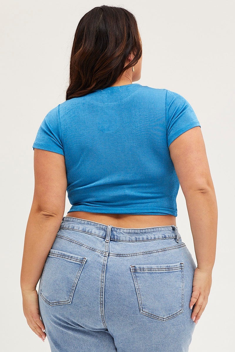 Mid Blue Crop T-shirt Crew Neck Short Sleeve Slinky Jersey - Image 5