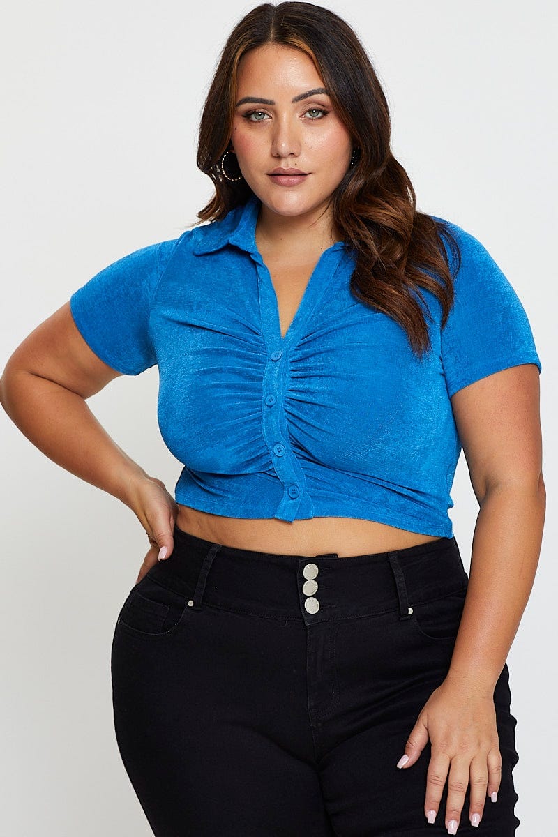 Mid Blue Ruched Shirt Short Sleeve Slinky Jersey - Image 3