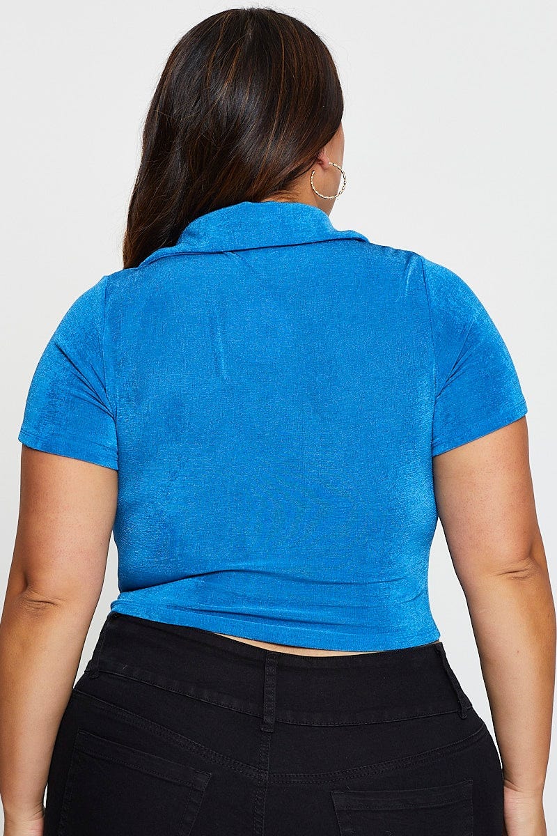 Mid Blue Ruched Shirt Short Sleeve Slinky Jersey - Image 5