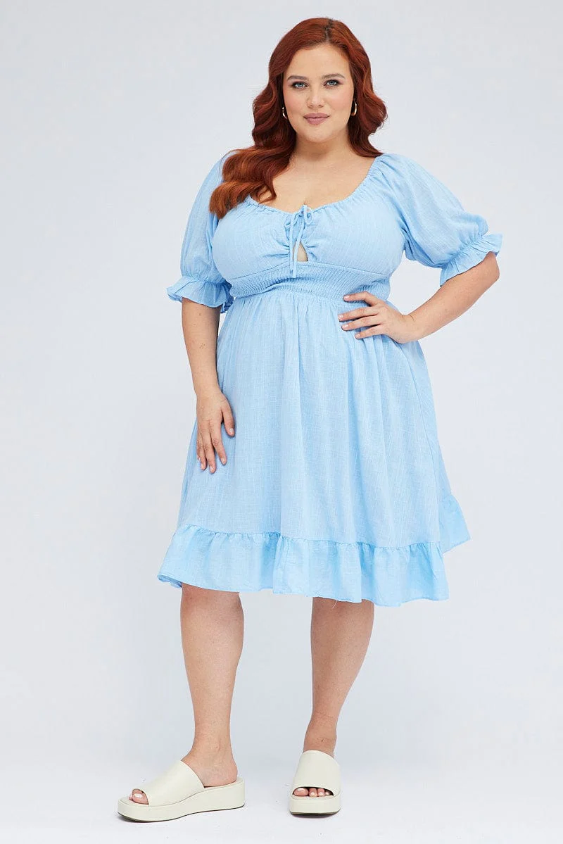 Mid Blue Short Puff Sleeve Peephole Blue Skater Dress - Image 2