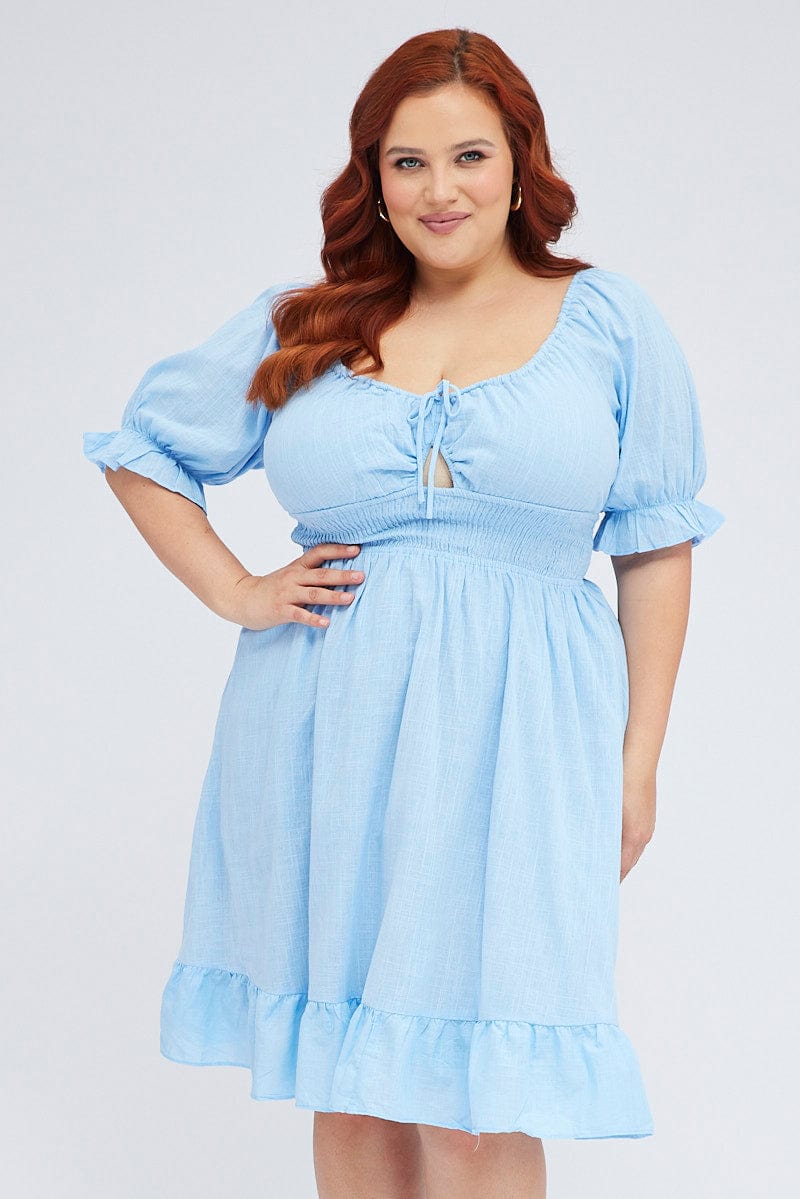 Mid Blue Short Puff Sleeve Peephole Blue Skater Dress - Image 3