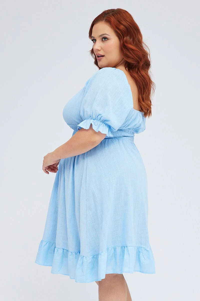 Mid Blue Short Puff Sleeve Peephole Blue Skater Dress - Image 4