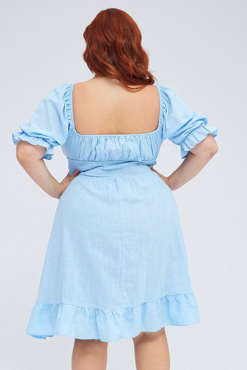 Mid Blue Short Puff Sleeve Peephole Blue Skater Dress - Image 5
