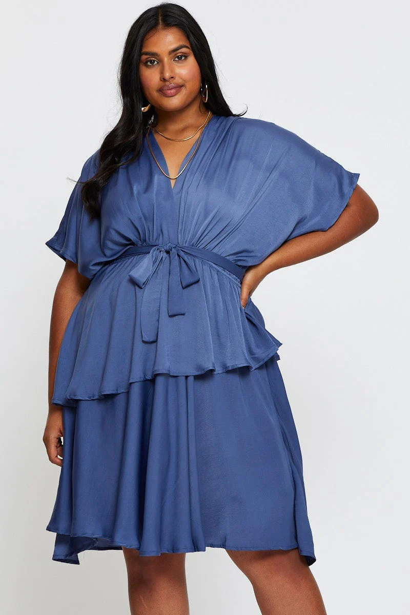 Mid Blue Skater Dress V-neck Batwing Sleeve Tie - Image 3