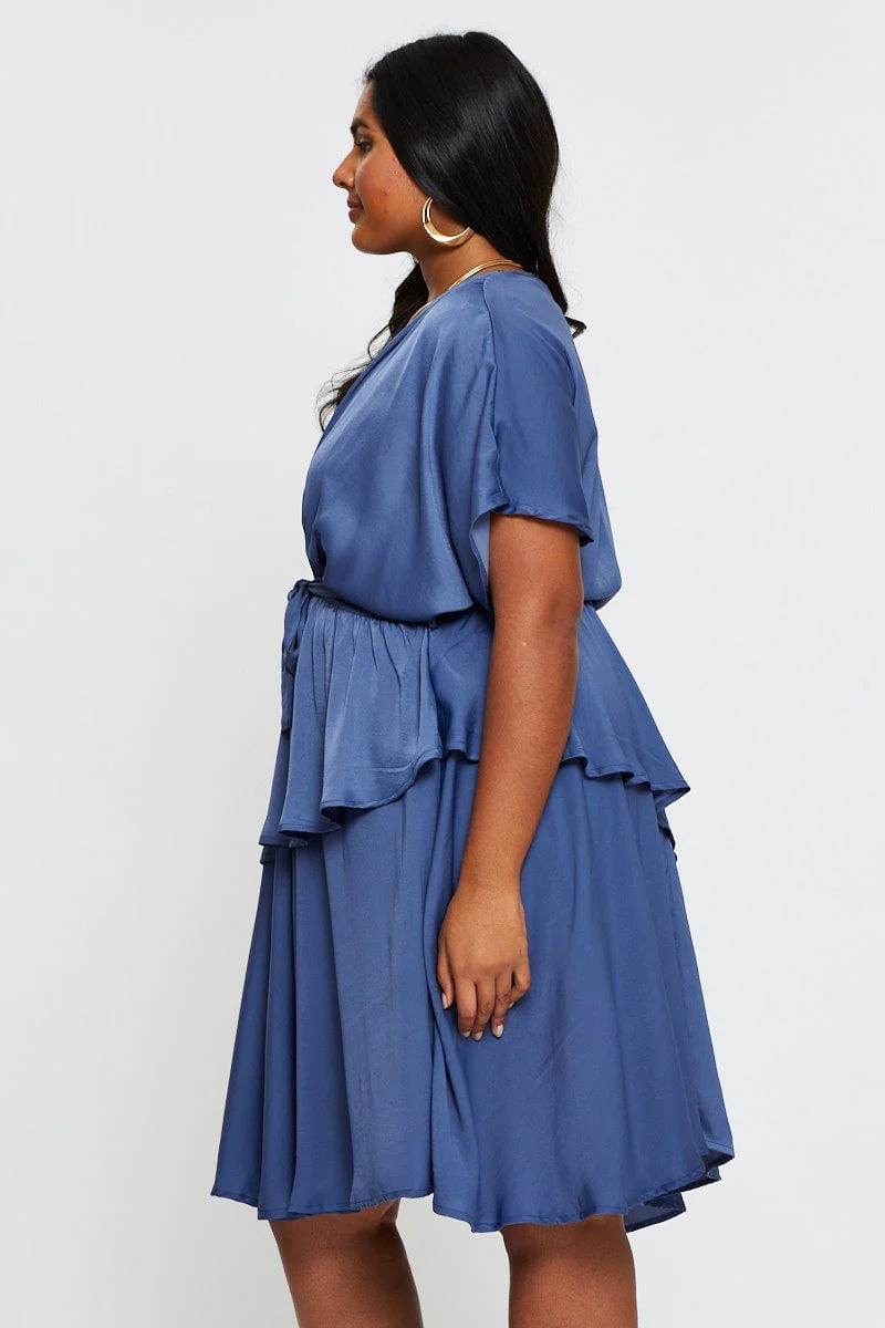 Mid Blue Skater Dress V-neck Batwing Sleeve Tie - Image 4