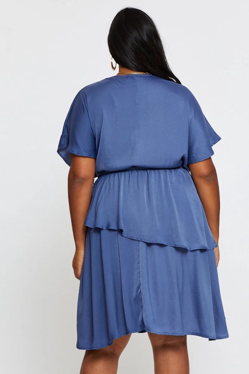 Mid Blue Skater Dress V-neck Batwing Sleeve Tie - Image 5