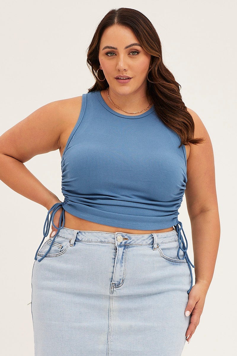 Mid Blue Sleeveless Rib Jersey Drawstring Top