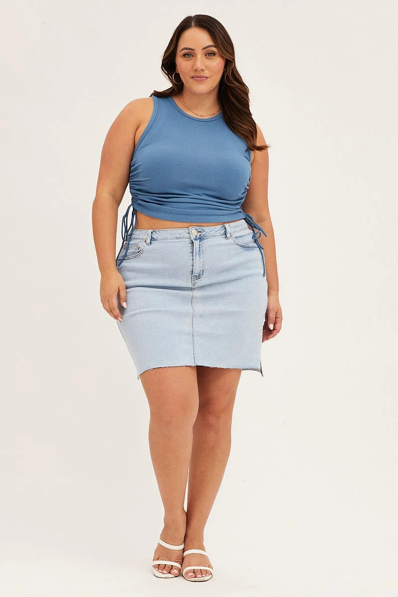 Mid Blue Sleeveless Rib Jersey Drawstring Top - Image 2