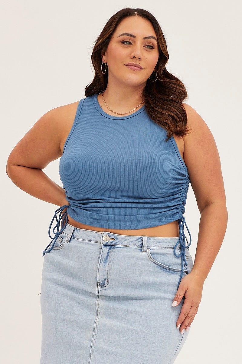 Mid Blue Sleeveless Rib Jersey Drawstring Top - Image 3
