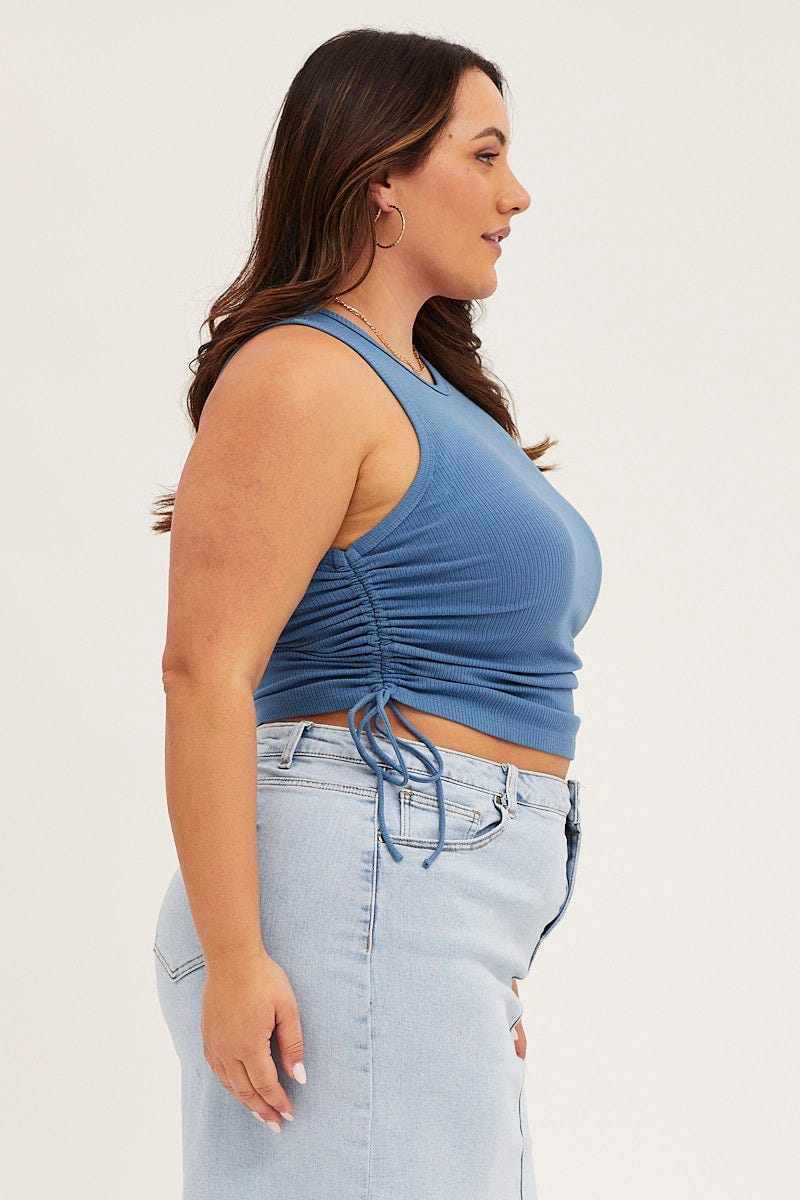 Mid Blue Sleeveless Rib Jersey Drawstring Top - Image 4