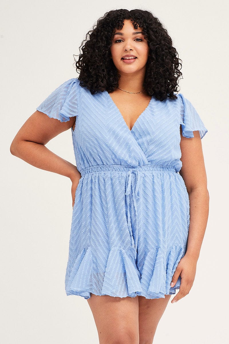 Mid Blue Textured Flutter Sleeve Playsuit