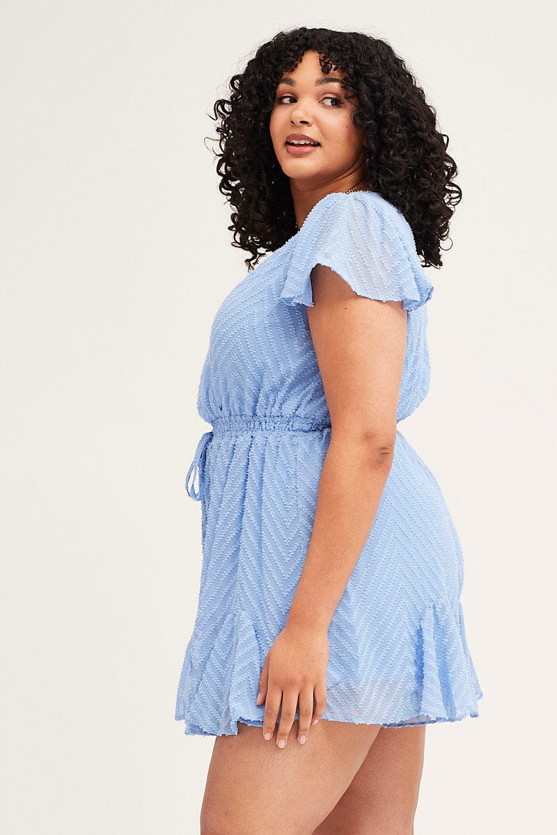 Mid Blue Textured Flutter Sleeve Playsuit - Image 4