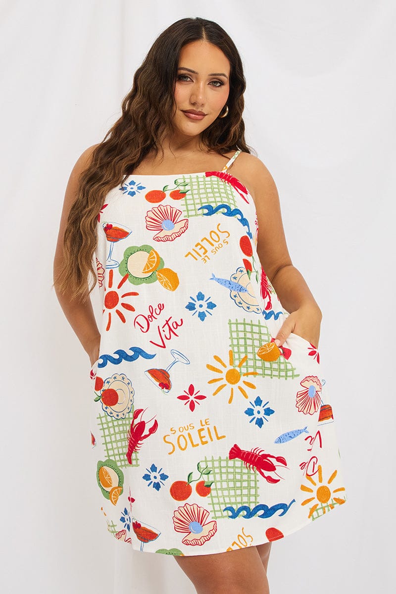 Multi Abstract A-line Dress Sleeveless Linen Blend
