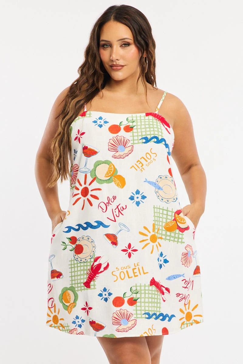 Multi Abstract A-line Dress Sleeveless Linen Blend - Image 2