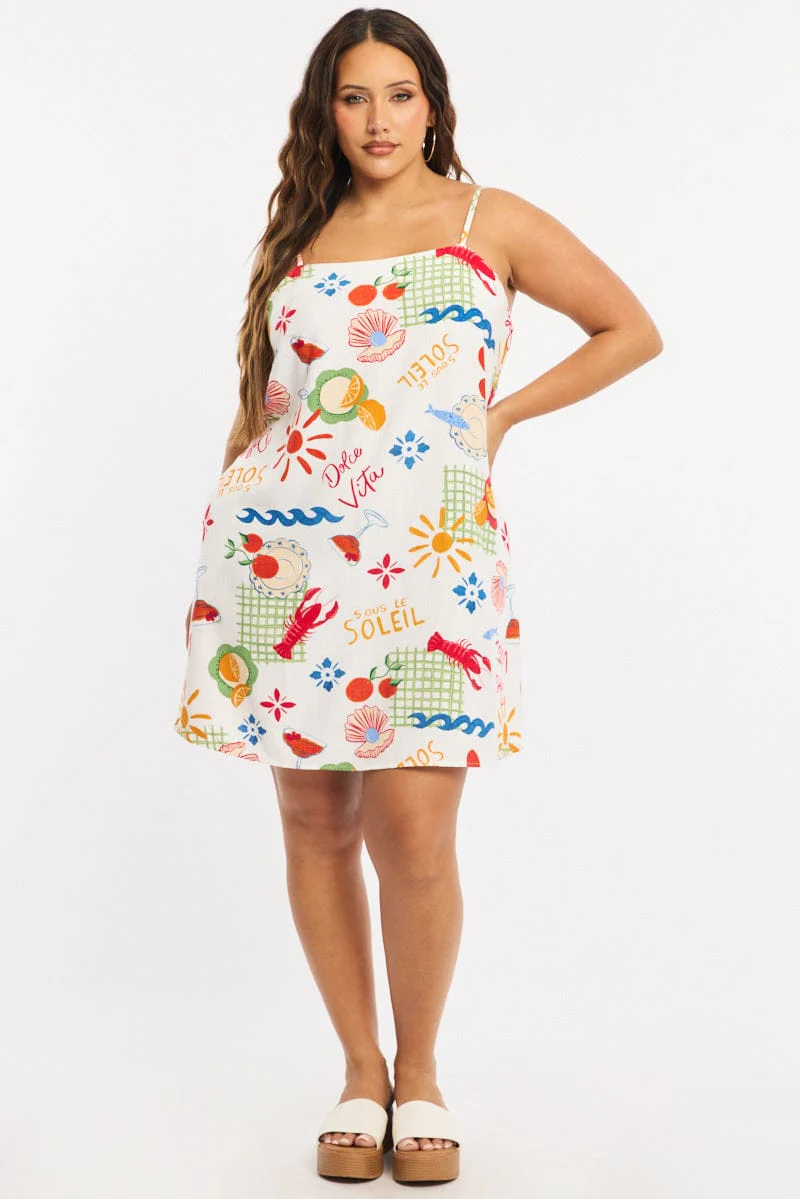 Multi Abstract A-line Dress Sleeveless Linen Blend - Image 3