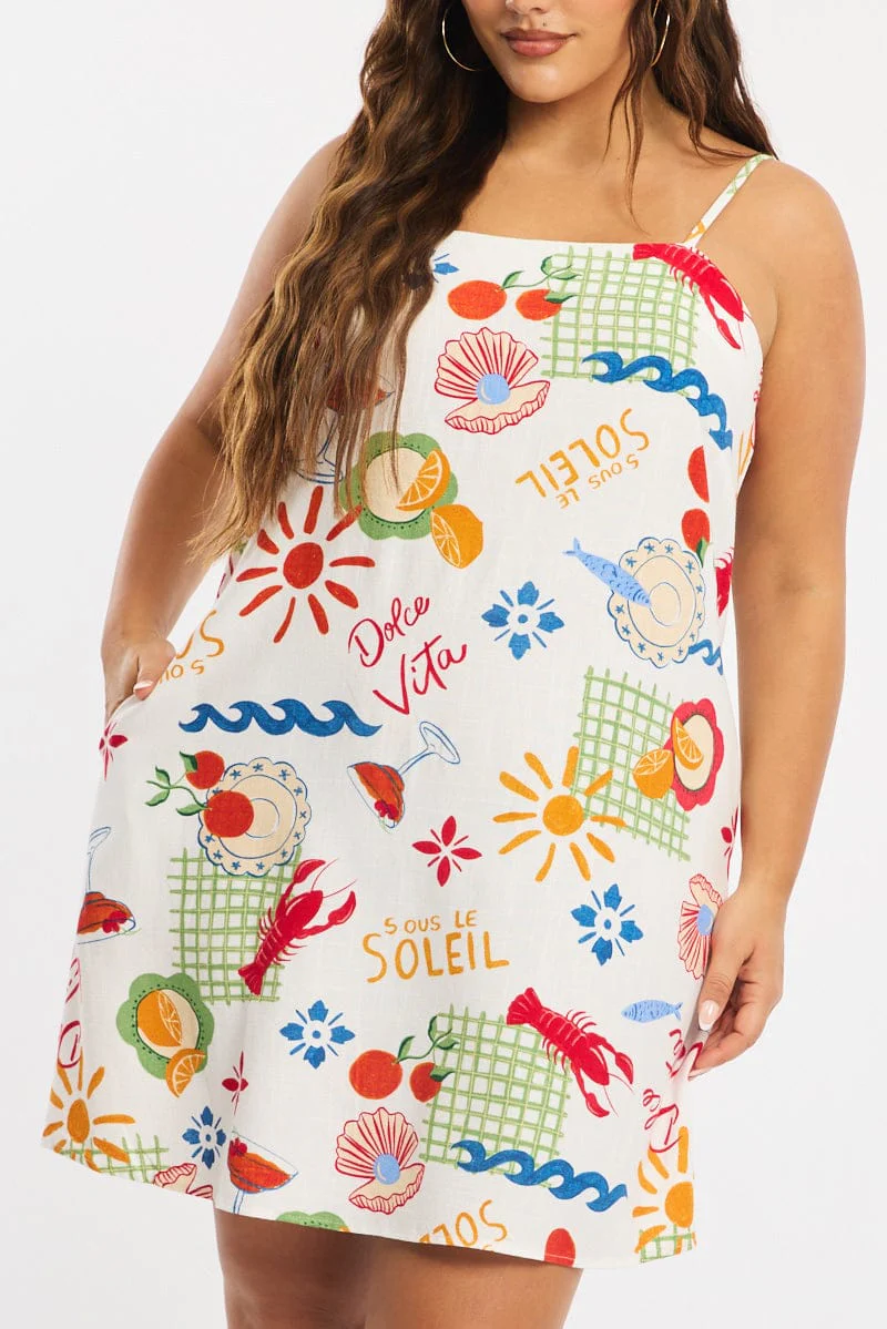 Multi Abstract A-line Dress Sleeveless Linen Blend - Image 6