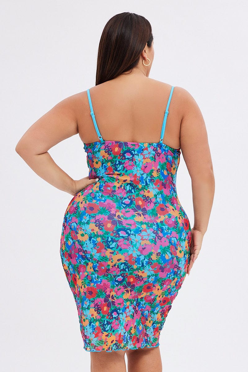 Multi Abstract Bodycon Dress Tie Back Strappy Swirl Mesh - Image 5