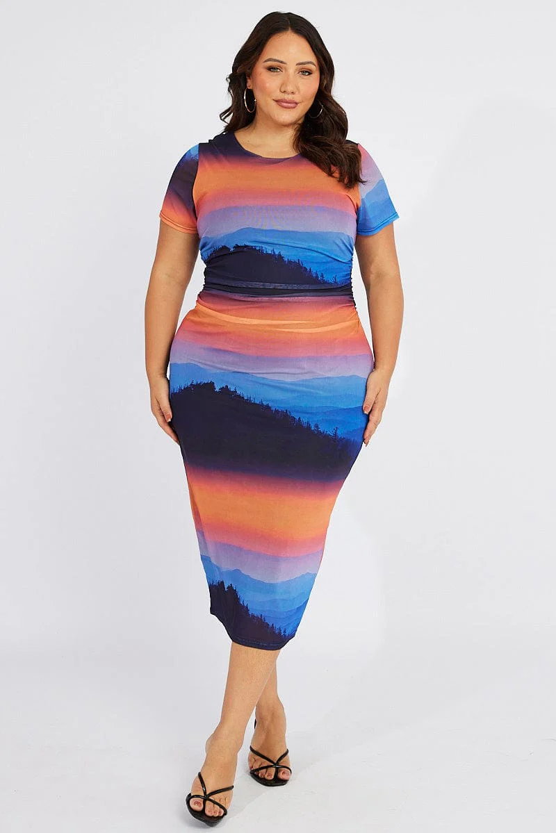 Multi Abstract Bodycon T-shirt Landscape Midi Dress