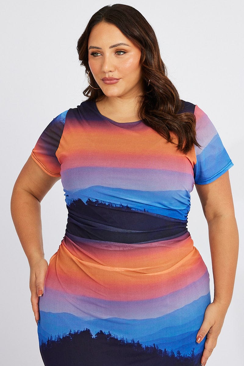 Multi Abstract Bodycon T-shirt Landscape Midi Dress - Image 2