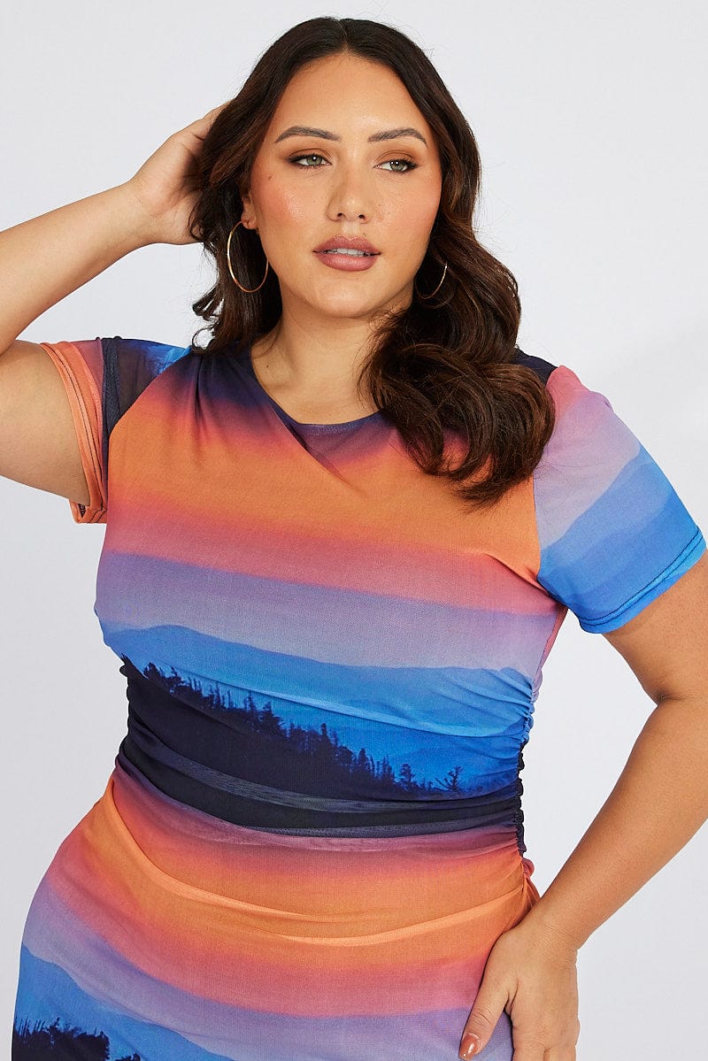 Multi Abstract Bodycon T-shirt Landscape Midi Dress - Image 3