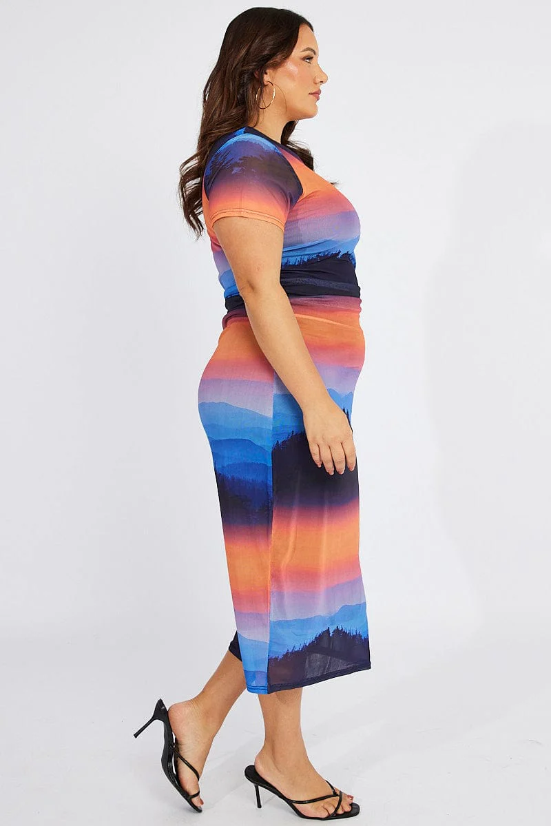 Multi Abstract Bodycon T-shirt Landscape Midi Dress - Image 4